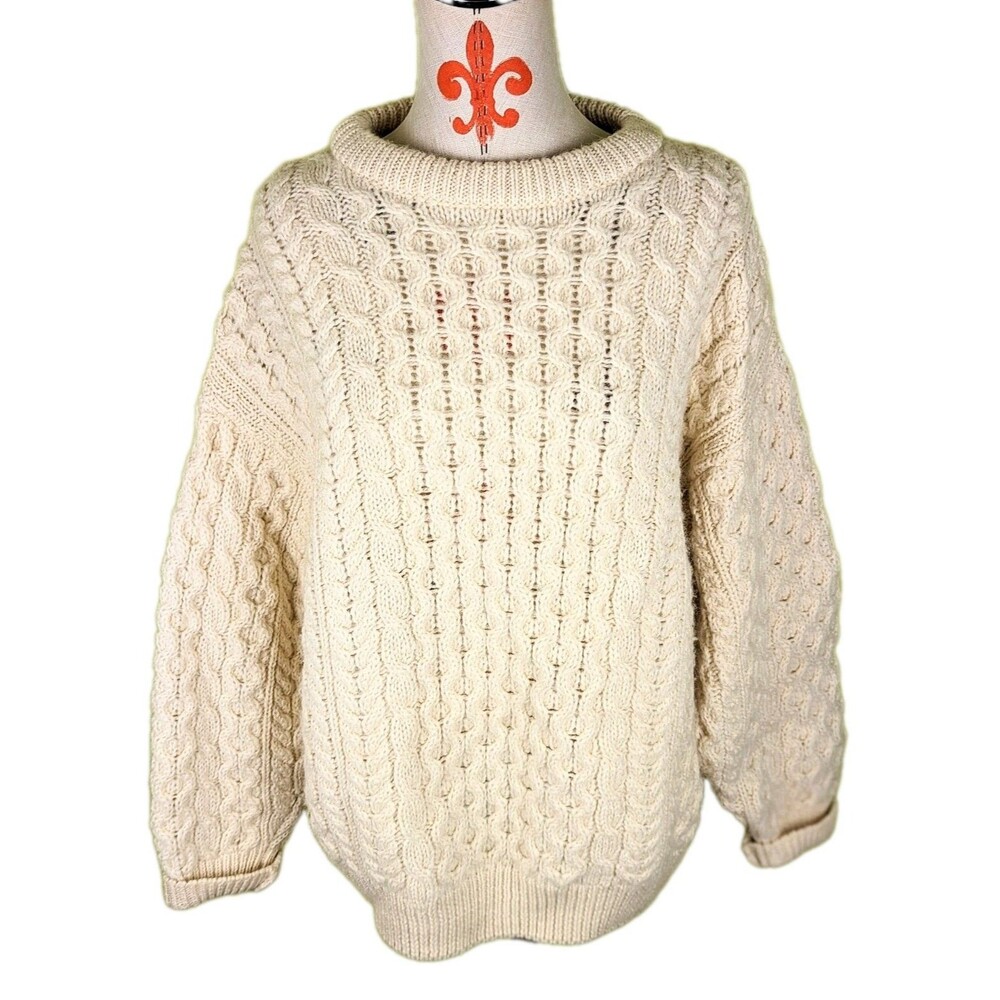 Cladyknit Handcraft Ireland Wool Cable Knit Fisherman Sweater Cream Beige Mens M